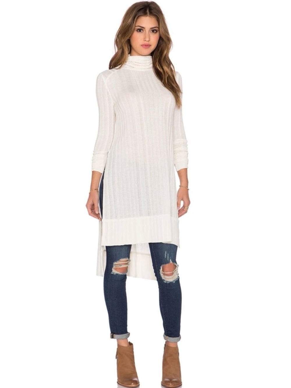 We The Free | Free People Cream Espresso Rib Long Sleeve High Low Dress